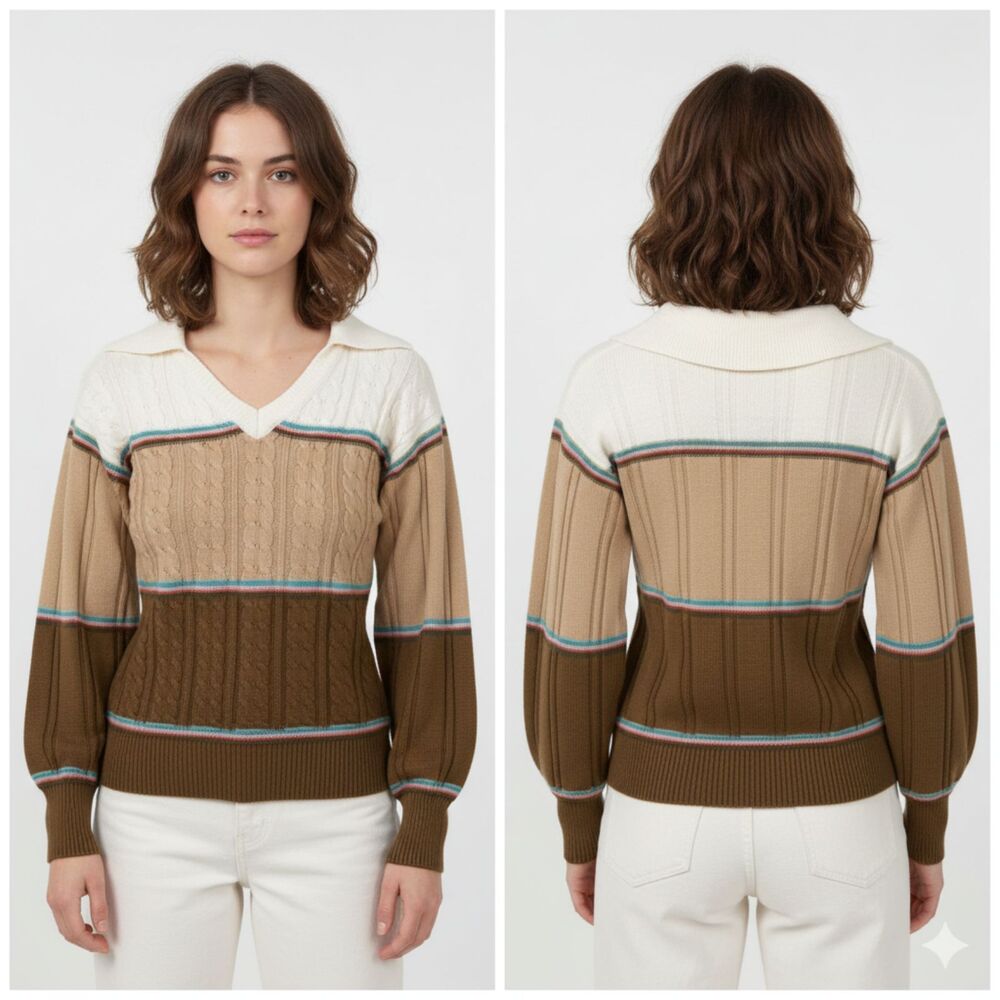 Fashion Import Vintage 1970s Tan Acrylic Knit Sweater Womens Size Small Collar